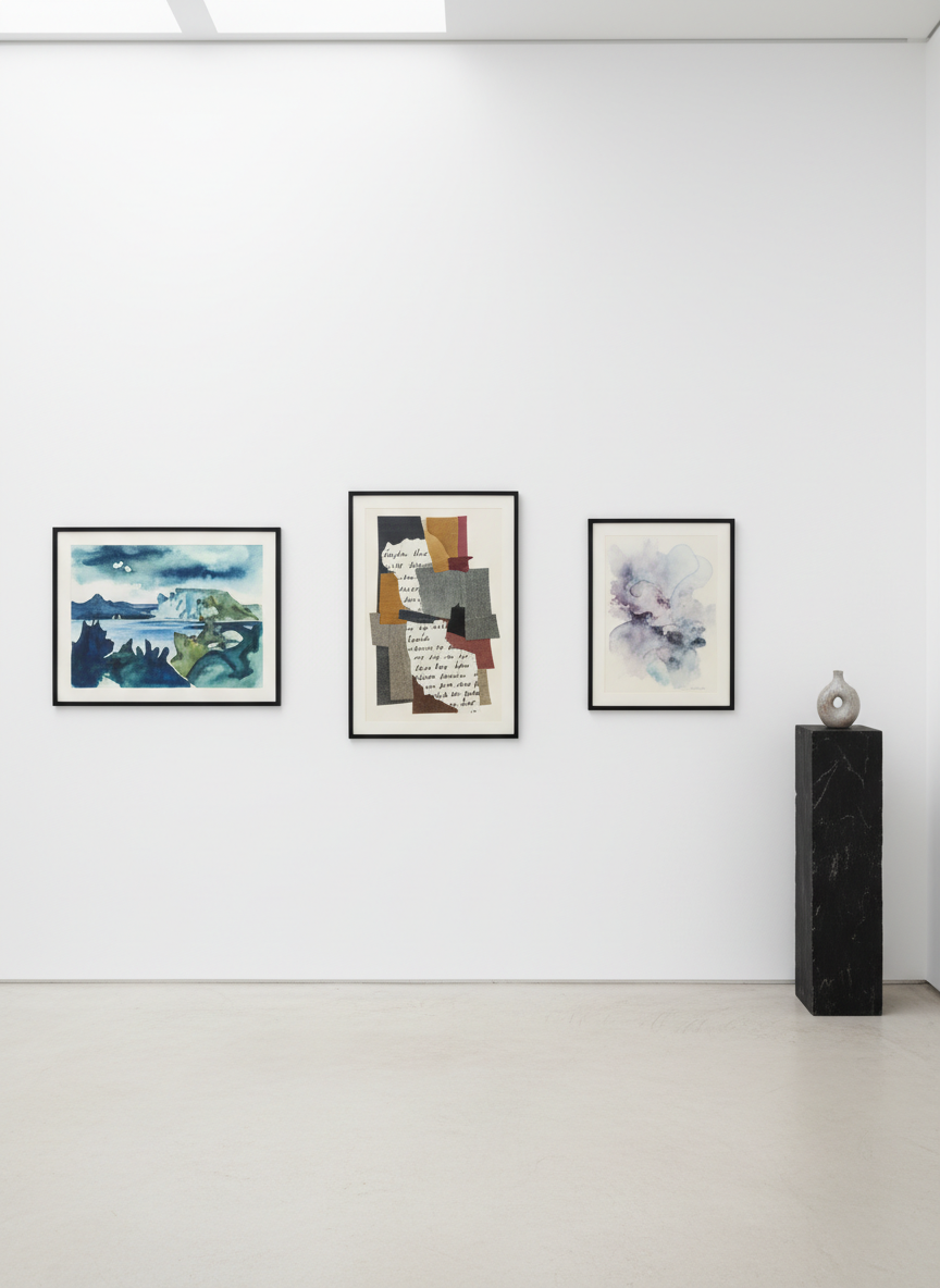 A large, pristine white gallery wall in a minimalist exhibition space, displaying a series of framed abstract artworks by an Icelandic artist. Each frame holds a different piece: one is a cool-toned watercolor landscape evoking distant fjords, another a bold mixed-media collage with fragments of handwritten Icelandic text, and a third an ethereal ink wash in soft violets and grays. The wall meets a pale concrete floor with subtle texture, and a single dark basalt plinth stands to one side holding a small ceramic sculpture. Soft, diffused skylight from unseen roof windows bathes the room in even, natural illumination, casting barely-there shadows. Photographic realism at eye level, with a calm, sophisticated atmosphere and sharp focus throughout, evoking a refined contemporary art portfolio.