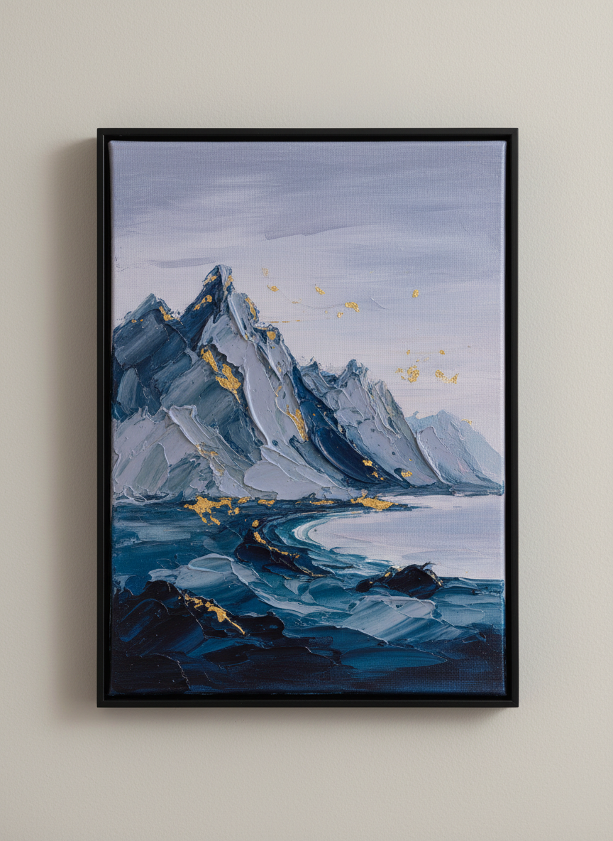 A close-up of a single, richly textured abstract painting inspired by Icelandic nature, stretched on a crisp linen canvas. Layers of paint build a tactile surface: muted lavenders, deep oceanic blues, and soft ash grays blend with delicate gold leaf accents that catch the light. Subtle hints of mountain ridges and distant shoreline emerge from the abstraction. The canvas rests on a neutral-toned wall, with a slim, matte black metal frame emphasizing its modern elegance. Soft, directional side lighting from the left creates gentle shadows in the paint ridges and a refined sheen on the gold leaf. Captured straight-on in photographic realism with sharp detail, the mood is serene, introspective, and sophisticated, perfect for a hero image on a fine art portfolio.