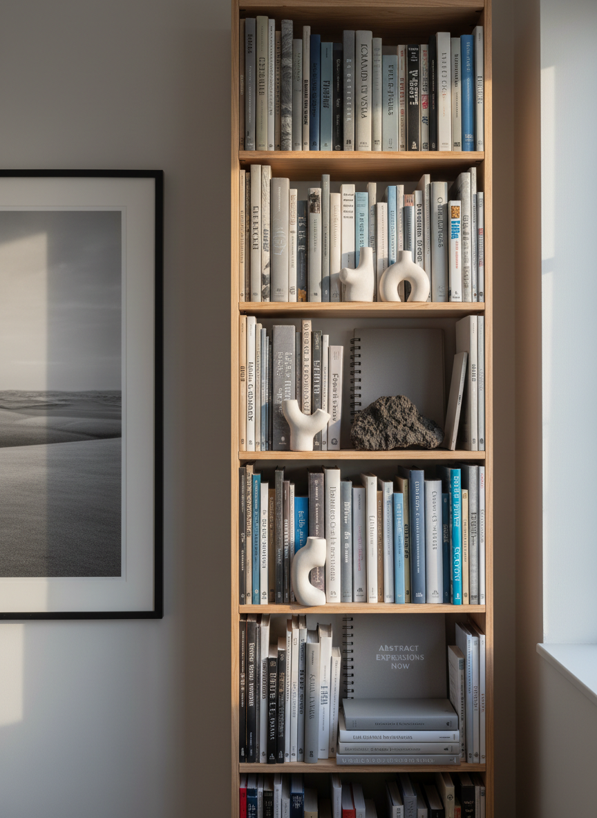 A tall, narrow bookshelf in a quiet studio corner, its pale birch wood shelves holding a curated collection of art books, sketchbooks, and small sculptural objects. Among the books are titles on Icelandic landscapes, color theory, and contemporary abstract painting, their spines in muted grays, deep blues, and dusty violets. Between them sit small, matte white ceramic forms and a single piece of raw lava rock, adding organic texture. The shelf stands against a smooth, light-gray wall, with a large framed monochrome artwork slightly out of focus in the background. Gentle afternoon light filters in from the right, creating soft highlights on the book edges and subtle shadows that emphasize depth. Photographic realism, eye-level composition, and a calm, sophisticated mood suited to an artist’s portfolio site.