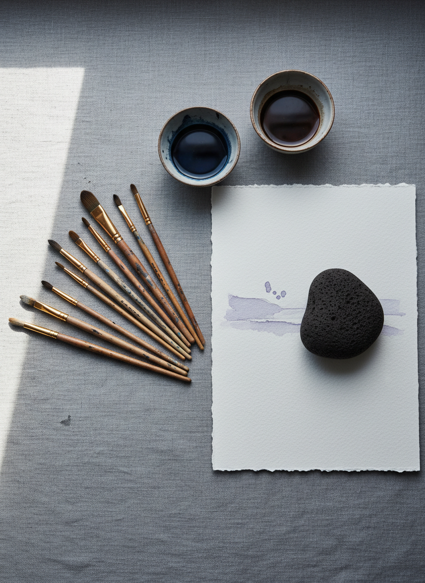 A serene still life of an artist’s tools arranged on a cool gray linen cloth, photographed in a refined, minimalist style. A set of well-used sable brushes with paint-stained wooden handles fan outward beside a smooth piece of volcanic basalt used as a paperweight, holding down a sheet of heavy, deckle-edged watercolor paper bearing a faint, violet-toned sketch. Small ceramic dishes hold diluted inks in slate blue and soft black, their surfaces shimmering subtly in the light. Soft, overcast daylight from a nearby window creates a gentle, even illumination, with delicate shadows adding depth. Shot from directly above with photographic realism and carefully balanced composition, the atmosphere is quiet, contemplative, and sophisticated, suggesting the intimate process behind Icelandic contemporary art.