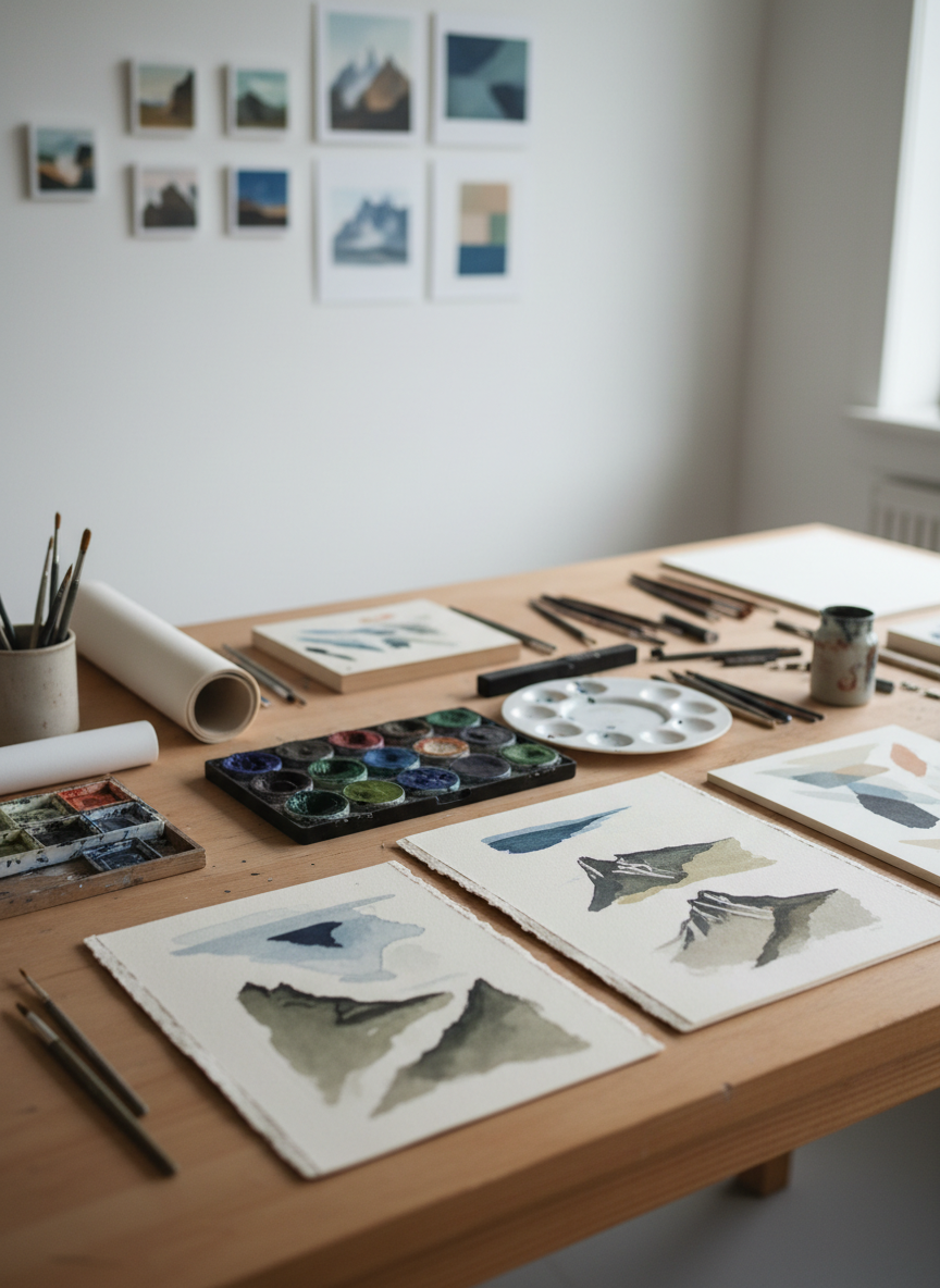 A sturdy wooden worktable in a bright, Nordic-style studio, its surface scattered with carefully arranged art materials: high-quality watercolor pans stained with indigo and moss green, thick textured sketchbooks open to half-finished compositions, and delicate graphite sticks laid beside a porcelain mixing palette. In the background, pinned to a white wall, are small studies of Icelandic mountains and abstract geometric color fields. Cool daylight streams in from a large window out of frame, creating gentle highlights on glossy paint and soft shadows beneath brushes. Shot from a slightly elevated angle in photographic realism, with shallow depth of field keeping the foreground tools in sharp focus while the background artworks blur into a sophisticated, contemplative haze.